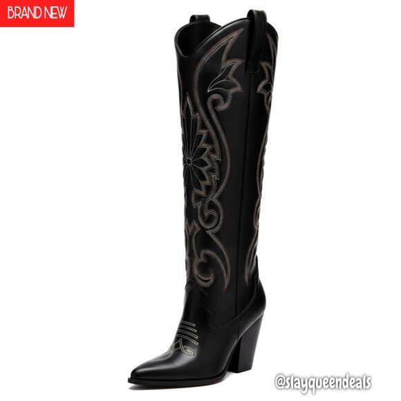 Knee High Cowboy Boots with Embroidered Chunky Heel Western Tall Boots